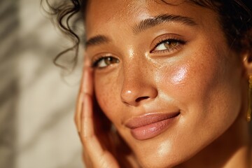 cropped portrait of a beautiful woman with glowing hydrated skin spreading a peptide-infused cream on her cheek with her fingertips. 