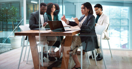 Meeting, explaining and business people in office with laptop for finance budget planning....