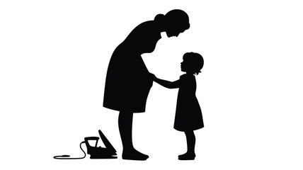 Silhouette of mother and daughter holding hands near an iron