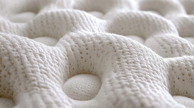 Close-up view of a mattress's textured surface.  A  soft, white,  knitted material with  raised,  rounded  bumps  and  small  holes