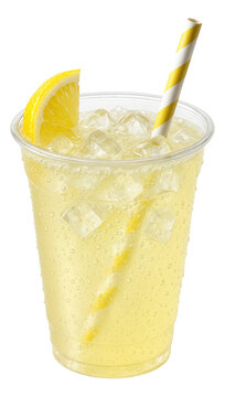 Plastic cup of iced sparkling lemonade with a straw and floating bubbles.
