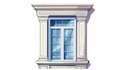 Fototapeta premium An architectural window detail showcases traditional design, enhanced by the cool blue reflection within the glass panes and neutral tones.