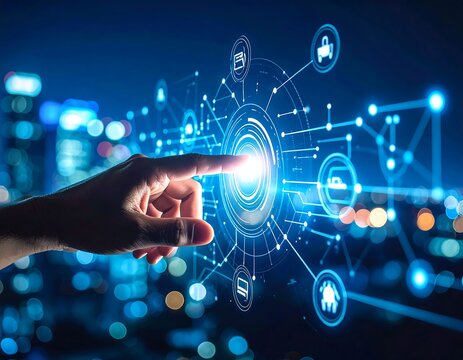 Hand interacting with digital network - Powered by Adobe