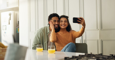 Happy, couple and selfie in kitchen, love or bonding with affection in home, online or social...