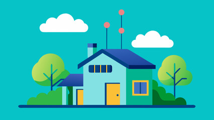 Fototapeta premium Colorful cartoon vector illustration of a house with trees and nature landscape under a summer sky