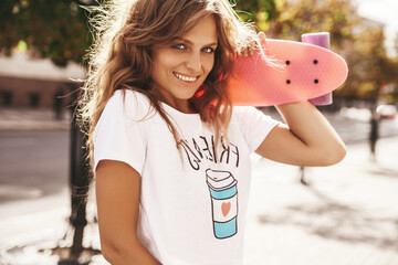 Beautiful cute smiling blond teenager model without makeup in summer hipster white clothes with...