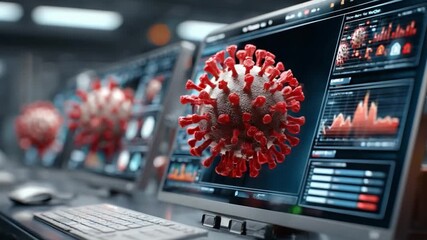 Pandemic Analysis: An intense, high-angle perspective of computer screens displays data and graphics related to the study of a virus. - Powered by Adobe