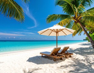 Generated image ビーチ トロピカル 南国 海 砂浜 パラソル デッキチェア 青い空 楽園 夏 旅行 バケーション リゾート リラクゼーション セーシェル 熱帯 日差し 椰子の木 青い海 白砂 リフレッシュ 風景 絶景 休日 サマー サンシャイン パームツリー ハネムーン 癒し のんびり 太陽 ヘブンリー クリアウォーター コバルトブルー 自然 休暇 ビーチリゾート 屋外 晴天 青空