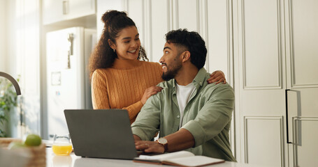 Laptop, support and research with couple in kitchen for bills, home loan and financial planning....