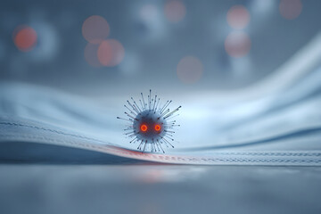 A conceptual digital illustration of a tiny, menacing virus character floating in the foreground