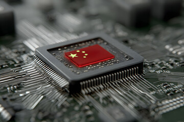 A digital concept art of a computer microchip with the Chinese flag