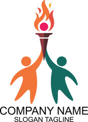 Abstract logo depicting two people holding a torch representing achievement teamwork or victory