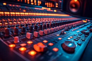 Fototapeta premium Audio Mixing Console Mockup with Vibrant Lights
