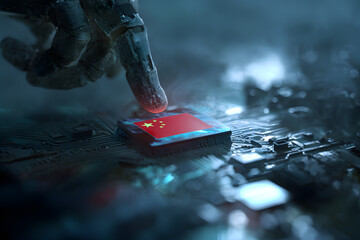 A human hand gently reaching out to touch a computer chipset embedded with the Chinese flag