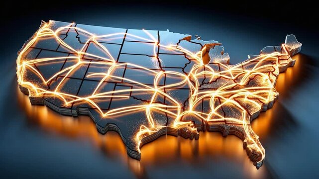 Digital connectivity network in USA:  A glowing digital network illuminates a stylized map of the United States, symbolizing interconnectedness, communication and infrastructure.