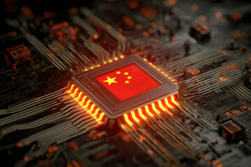 A digital concept art of a computer microchip with the Chinese flag
