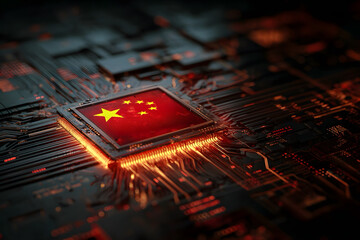 A digital concept art of a computer microchip with the Chinese flag