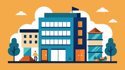 Vibrant vector illustration of a bustling urban cityscape with diverse buildings, homes, shops, and street architecture under a clear sky