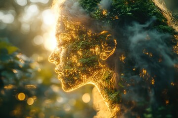 woman face silhouette mix with forest fires patterns. Sustainability concept