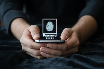 Person holding smartphone displaying fingerprint and password hands mobile