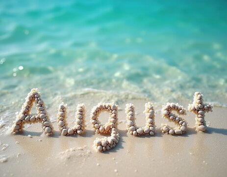 turquoise sea water on sand beach with text made with white pebbles 'August'