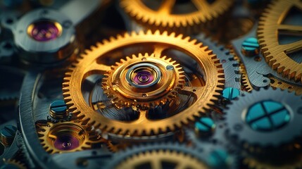 Close-up view of intricate watch gears.  Complex gold and steel gears, meticulously detailed, in a precise mechanism