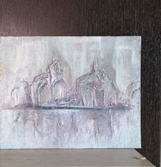 Abstract textured painting with soft colors depicting a landscape  