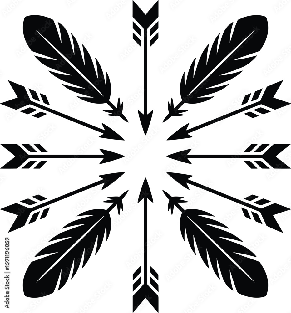 Aufkleber circular arrangement of arrows and feathers in a symbolic bohemian style vector design