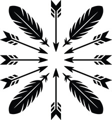 Circular arrangement of arrows and feathers in a symbolic bohemian style vector design