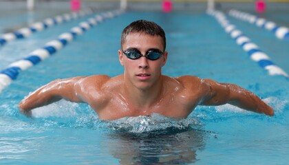 Competitive swimmer performing butterfly stroke in pool