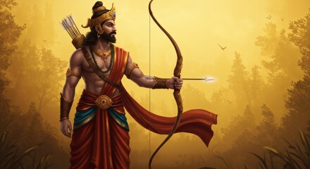 Heroic Warrior Prince with Longbow in Ancient Indian Attire – Standing in Lush Forest at Golden Hour, Flowing Fabric and Traditional Ornaments, Calm Expression, Cinematic Epic Fantasy Illustration