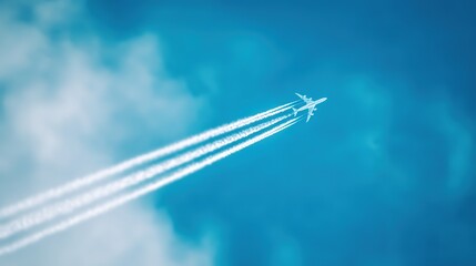 Airplane climbing into a clear blue sky, leaving white contrails against a backdrop of soft clouds.