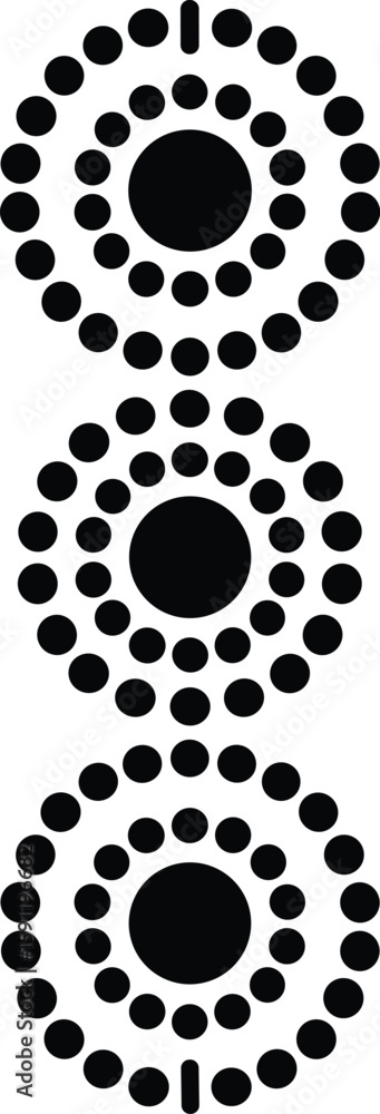 Poster abstract design featuring three circles composed of concentric circles and a bold central dot.