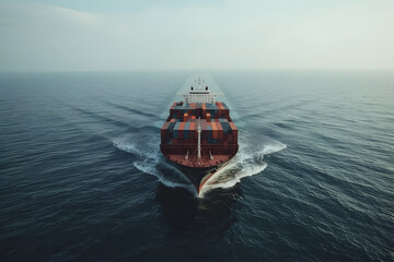 A massive cargo ship sailing across a calm ocean under a wide, slightly overcast sky