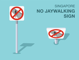 Traffic regulation rules. Isolated Singapore "no jaywalking" road sign. Front and top view. Flat vector illustration template.