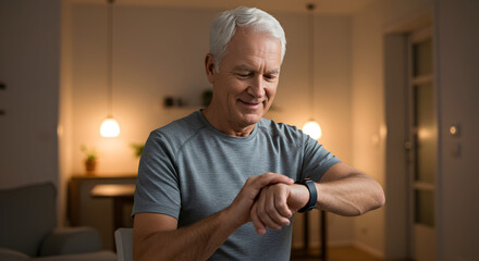 Senior man smiling and checking smartwatch in cozy living room during evening leisure time enjoying modern technology and relaxation at home