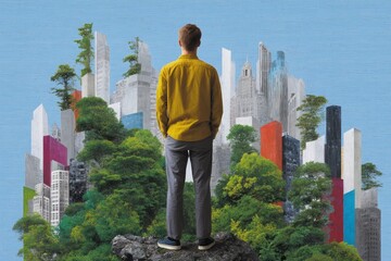 Young man looking at colorful sustainable city with trees growing on buildings