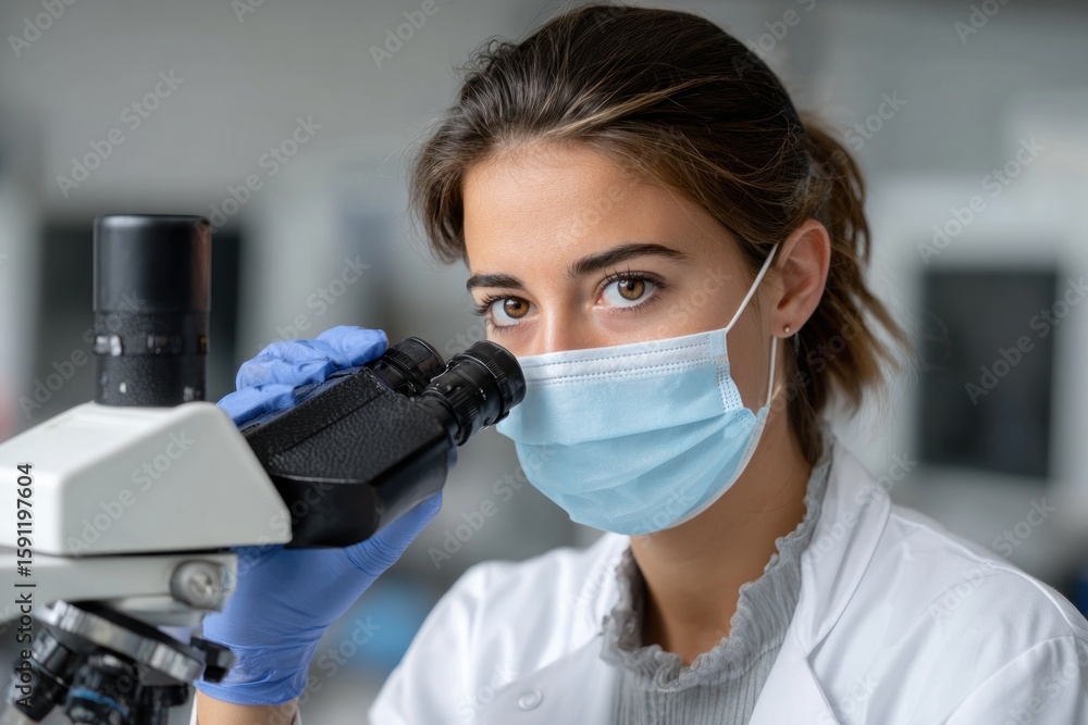 Poster scientist wearing protective face mask using microscope in laboratory