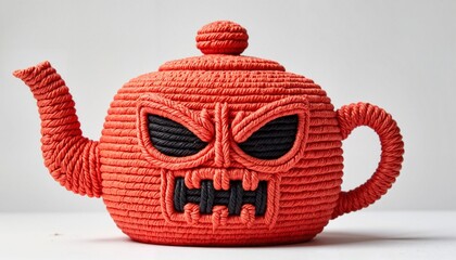 Imitation embroidery,  red teapot with monster design against a white background  