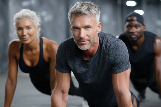 Group of diverse people doing push ups together in gym