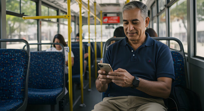 Middle aged man enjoying his commute on a bus using a smartphone while sitting comfortably in a public transportation vehicle during daytime travel with other passengers in the background - Powered by Adobe