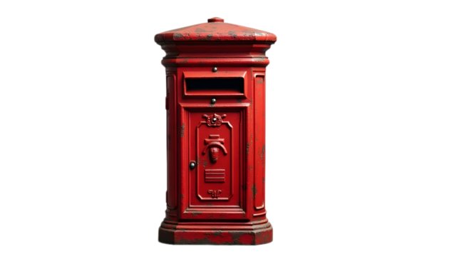 Classic red post box with vintage design, isolated on transparent background.
