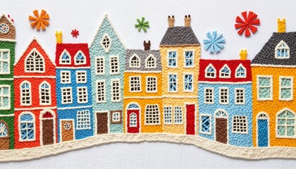 Naklejka premium Colorful embroidered houses in a whimsical urban landscape 