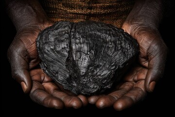 Black hands holding shilajit mineral 