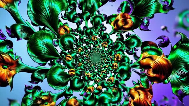 Infinite spiral petals with micro fern rosettes and polychrome starburst blossoms forming a spectral abstract web

