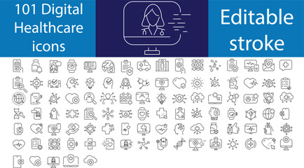Set of 101 Digital medical technology related icons. Line icons. Digital, innovation, tech, healthcare etc. Editable stroke