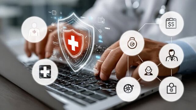 Doctor using laptop with digital health security interface: A close-up shot of a doctor's hands typing on a laptop, with a digital health security interface floating above the keyboard.