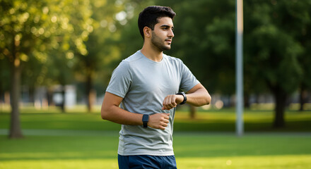 Young man checking his smartwatch during outdoor run in a lush green park on a sunny day, enjoying fitness and healthy lifestyle activities in nature setting