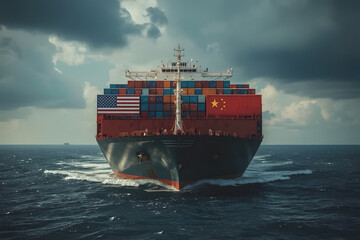 A massive cargo ship sailing across a calm ocean under a wide, slightly overcast sky