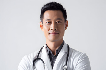 A confident male doctor wearing a white coat and stethoscope